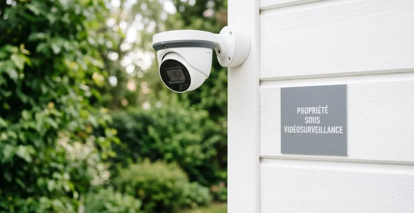Caméra de vidéosurveillance blanche montée sur mur extérieur avec panneau d'information en français et jardin verdoyant en arrière-plan