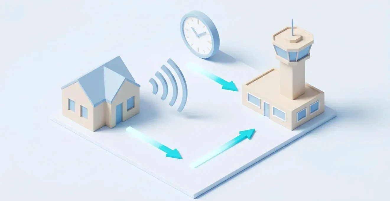 Schéma isométrique 3D illustrant le flux d'information entre une maison protégée et un centre de télésurveillance fonctionnant 24 heures sur 24