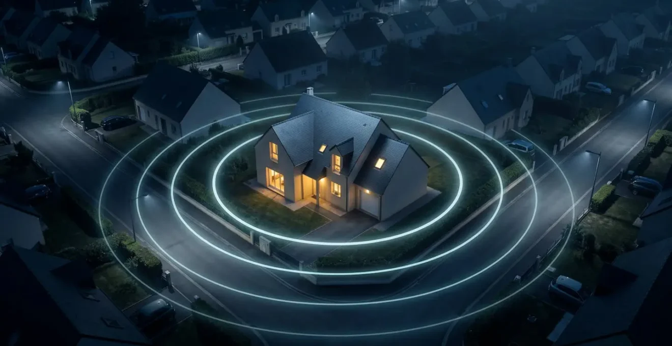 Vue aérienne nocturne d'une maison pavillonnaire éclairée entourée de cercles lumineux symbolisant les couches de protection contre les intrusions