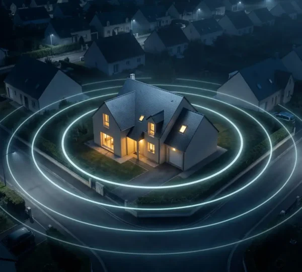 Vue aérienne nocturne d'une maison pavillonnaire éclairée entourée de cercles lumineux symbolisant les couches de protection contre les intrusions